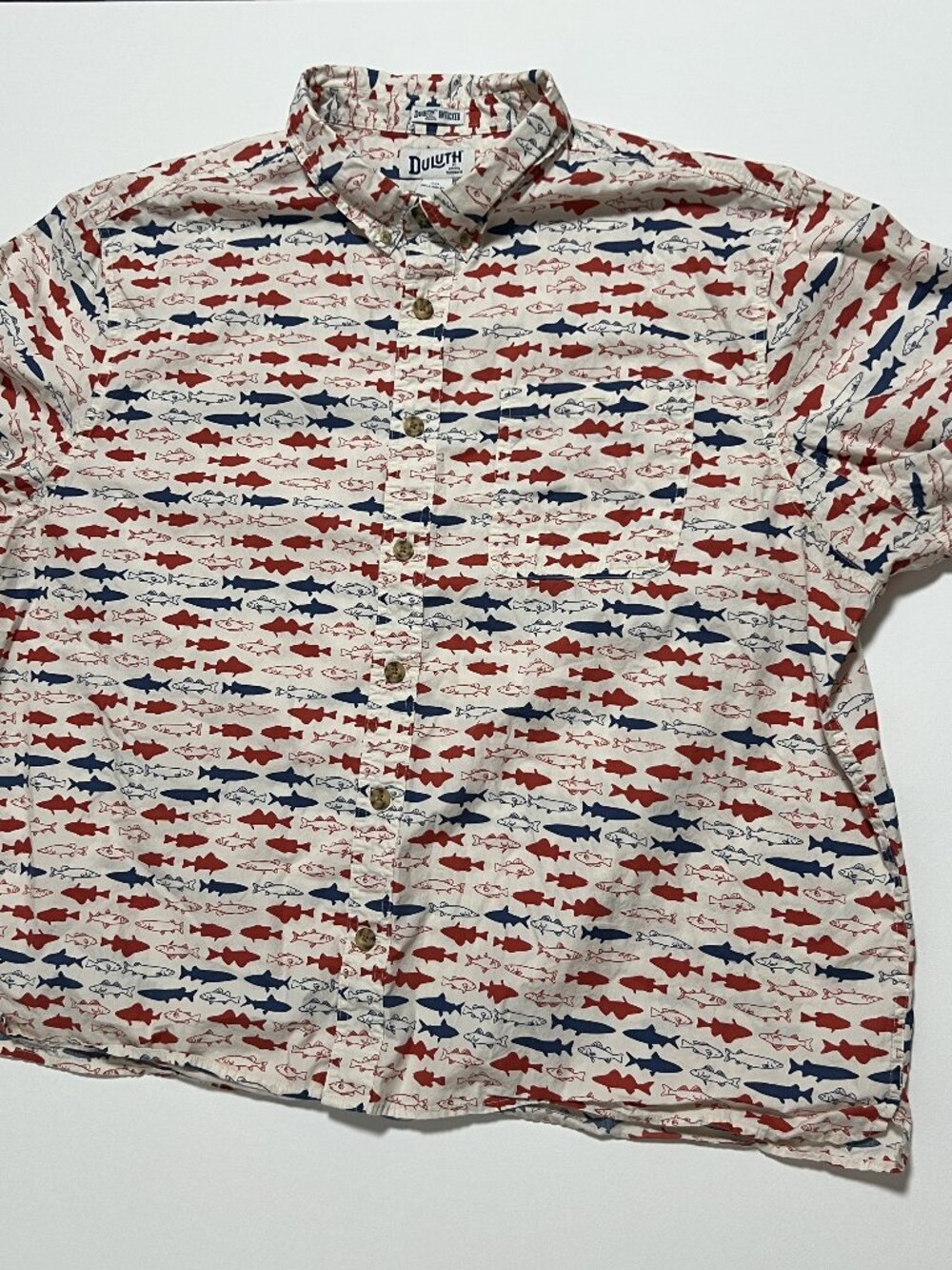 Duluth Trading Untucked Shirt Red White Blue Fish Short Sleeve Men's size 3XL